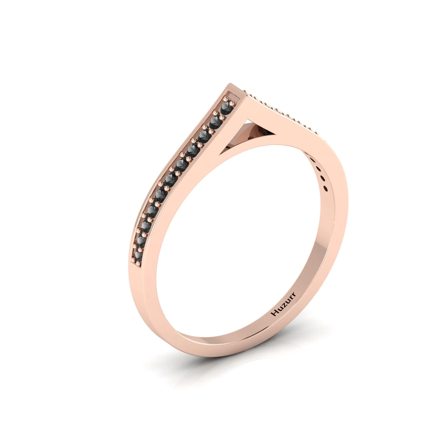 Rose Gold Plated Round Black Diamond Stackable Solitaire V-Shaped Ring