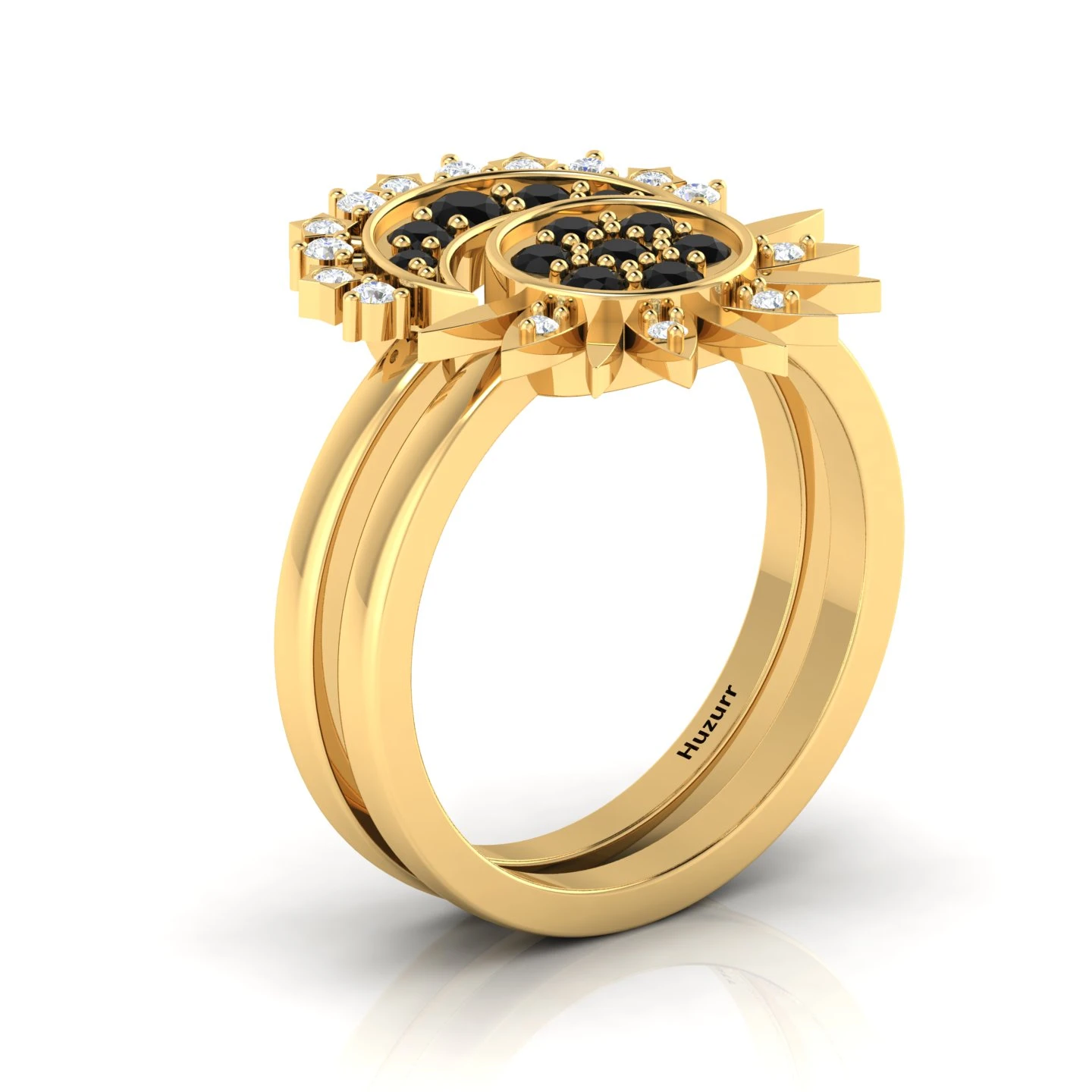 Black Diamond Gold Filled Sun & Moon Double Band Ring