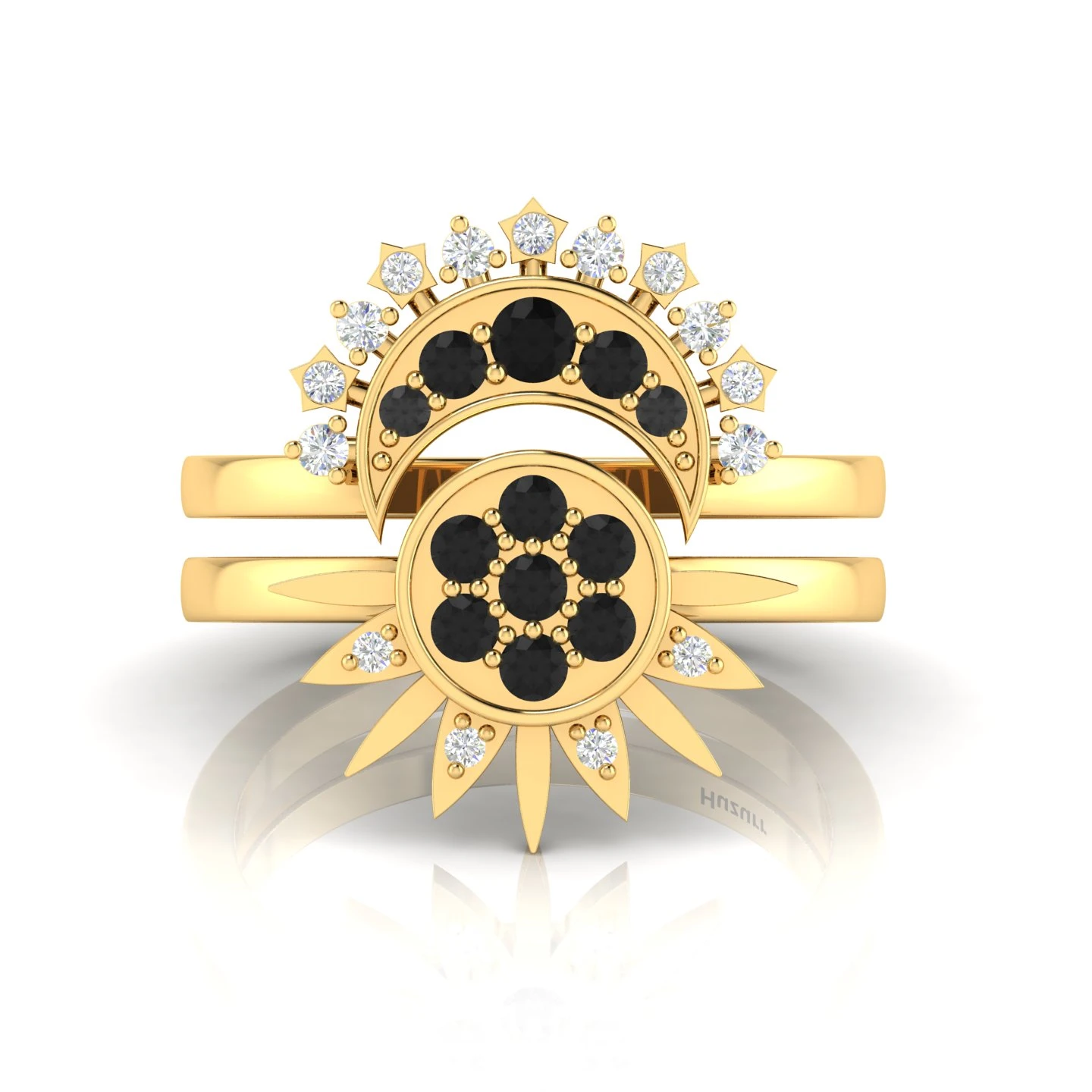 Black Diamond Gold Filled Sun & Moon Double Band Ring