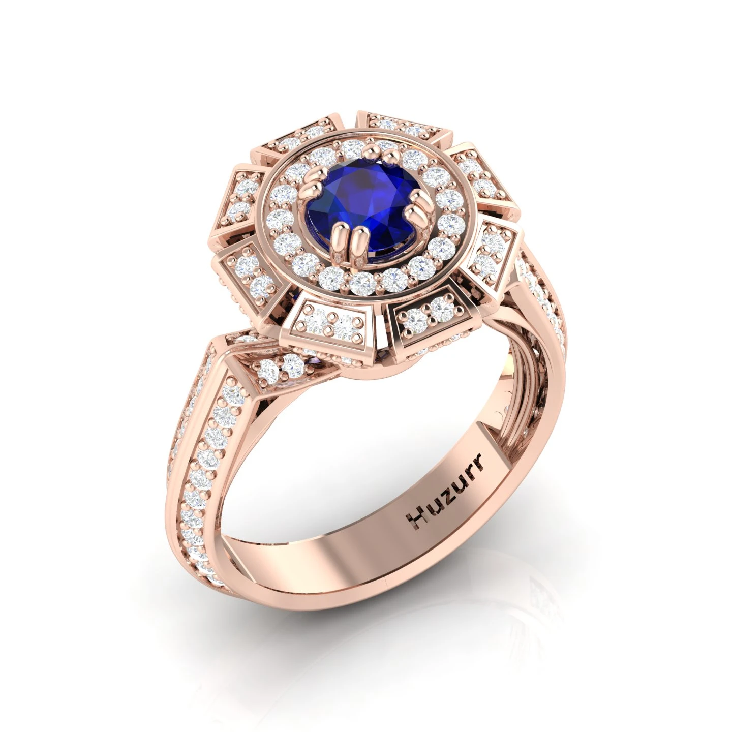 Rose Gold Plated Blue Sapphire Crown Solitaire Diamond Ring