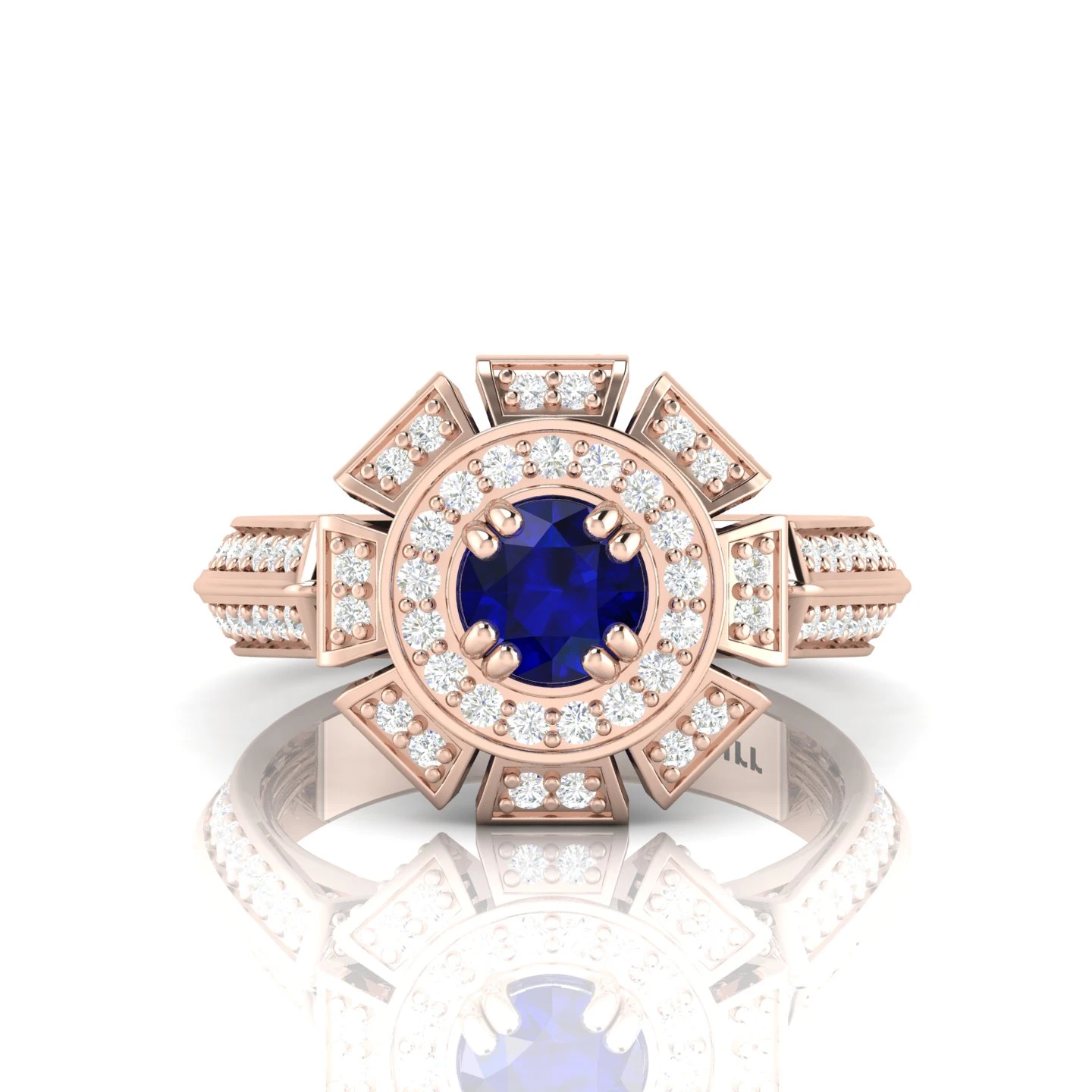 Rose Gold Plated Blue Sapphire Crown Solitaire Diamond Ring