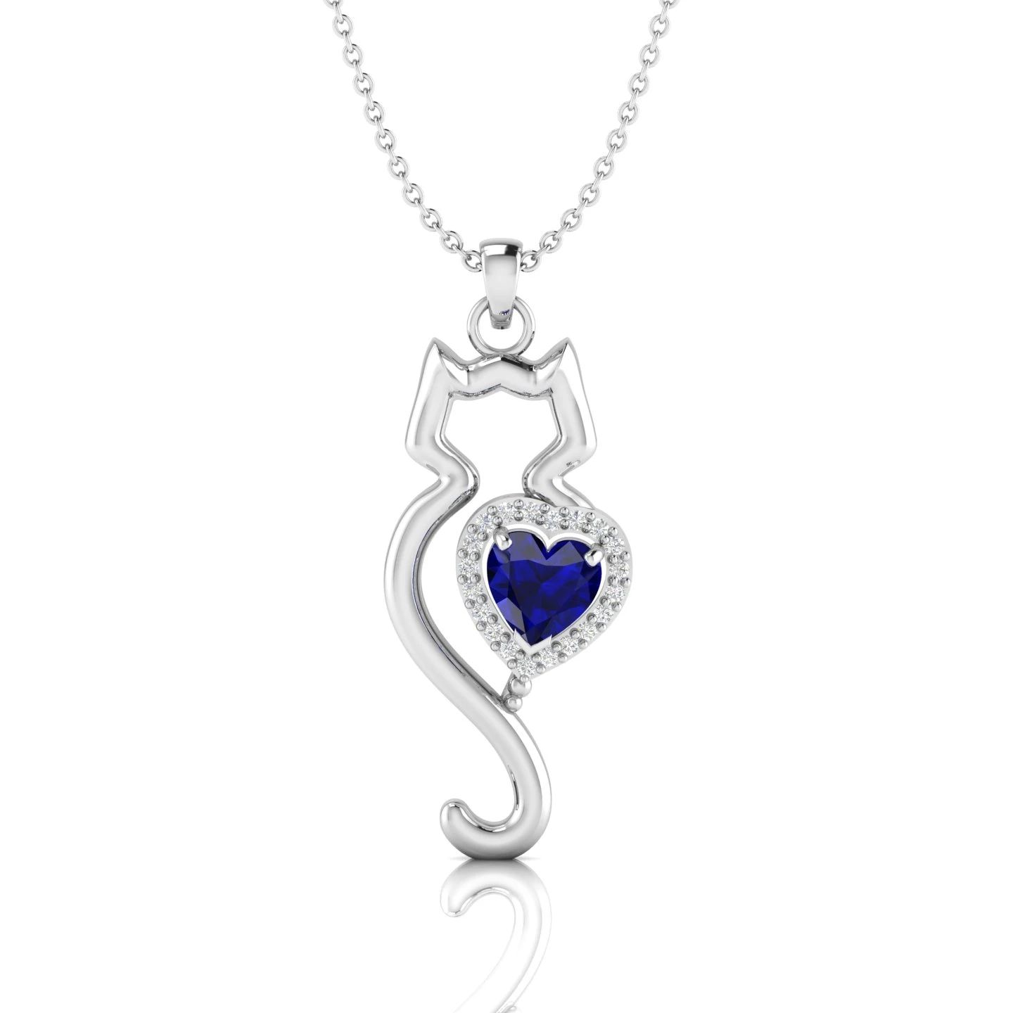 Heart-Cut Lab Created Blue Sapphire Cat Sterling Silver Necklace
