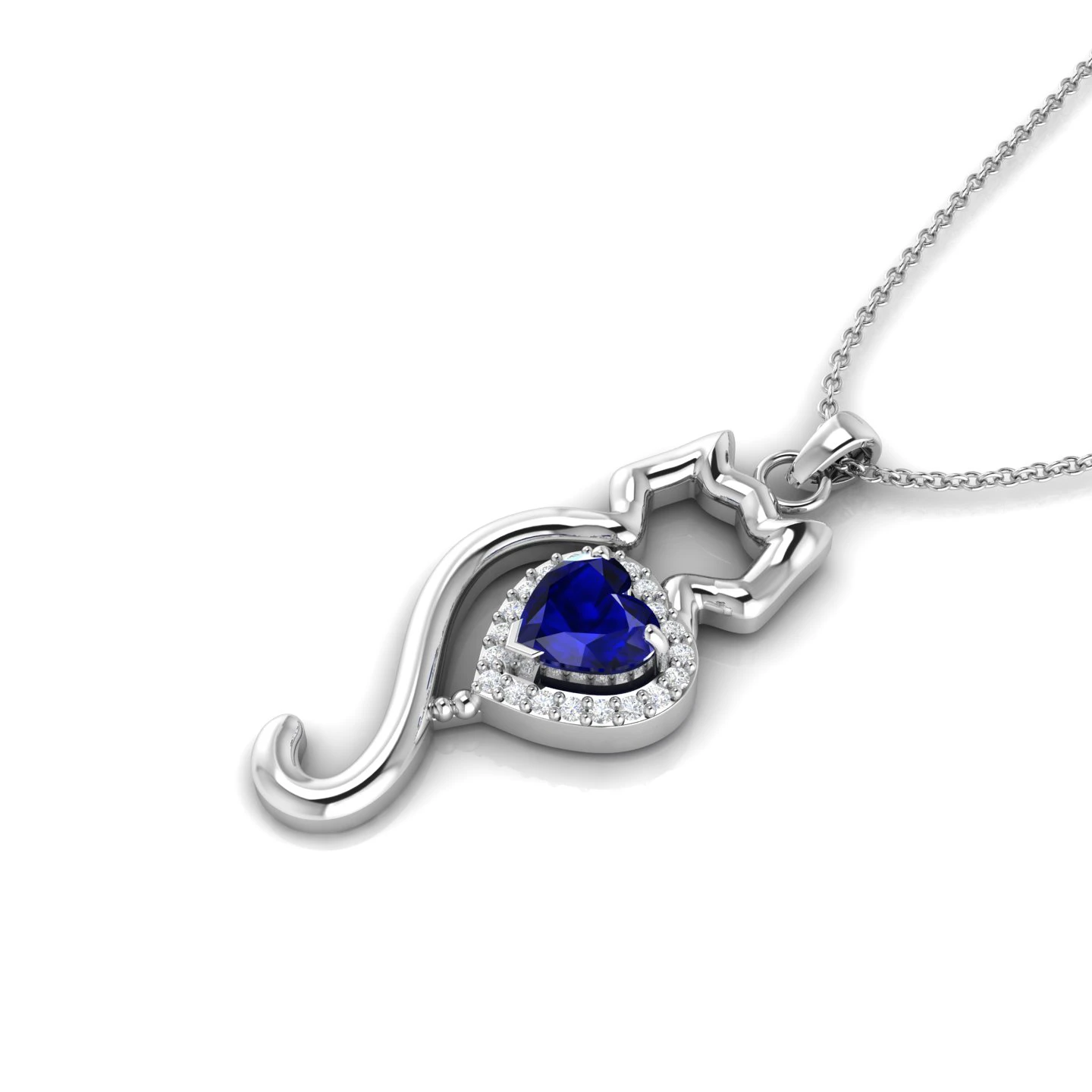 Heart-Cut Lab Created Blue Sapphire Cat Sterling Silver Necklace