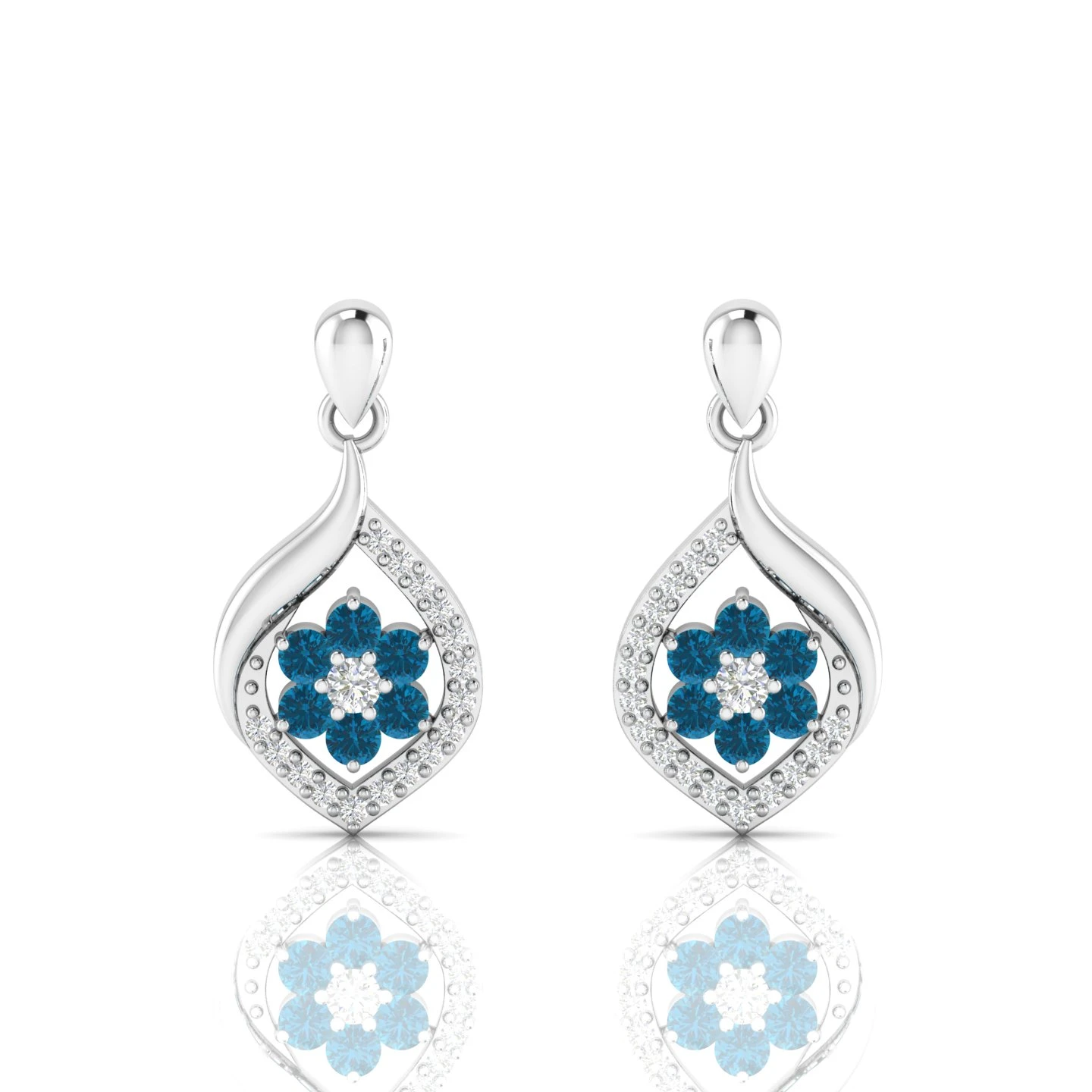 Classic Flower Drop Blue Diamond Sterling Silver Earrings