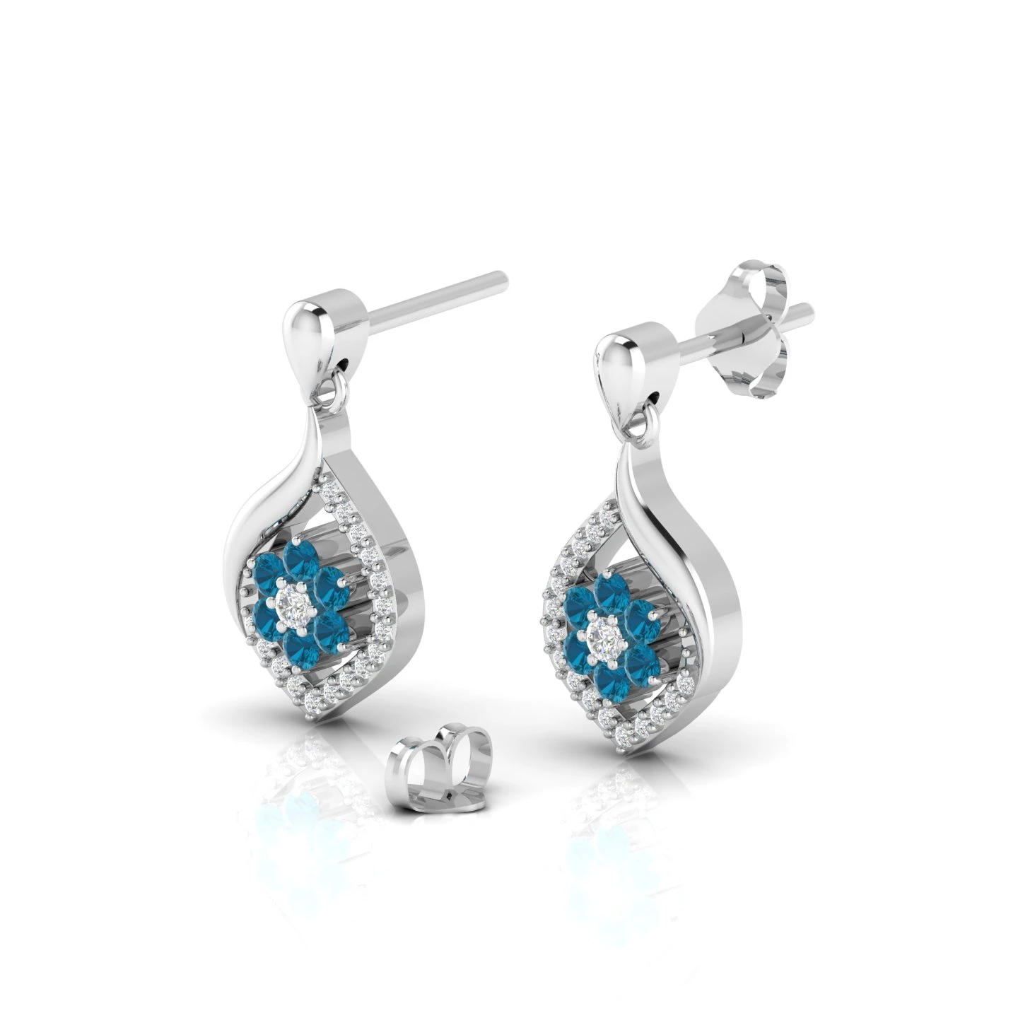 Classic Flower Drop Blue Diamond Sterling Silver Earrings