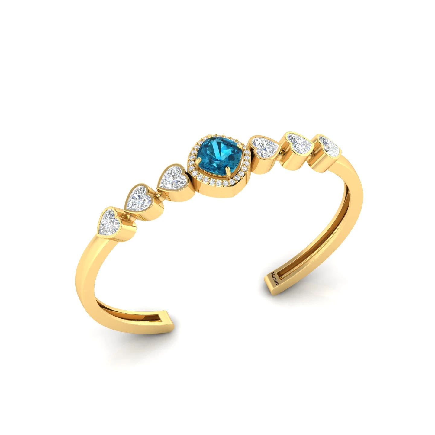 Gold Filled Cushion Blue Diamond & Heart-Cut Diamond Cuff Bracelet