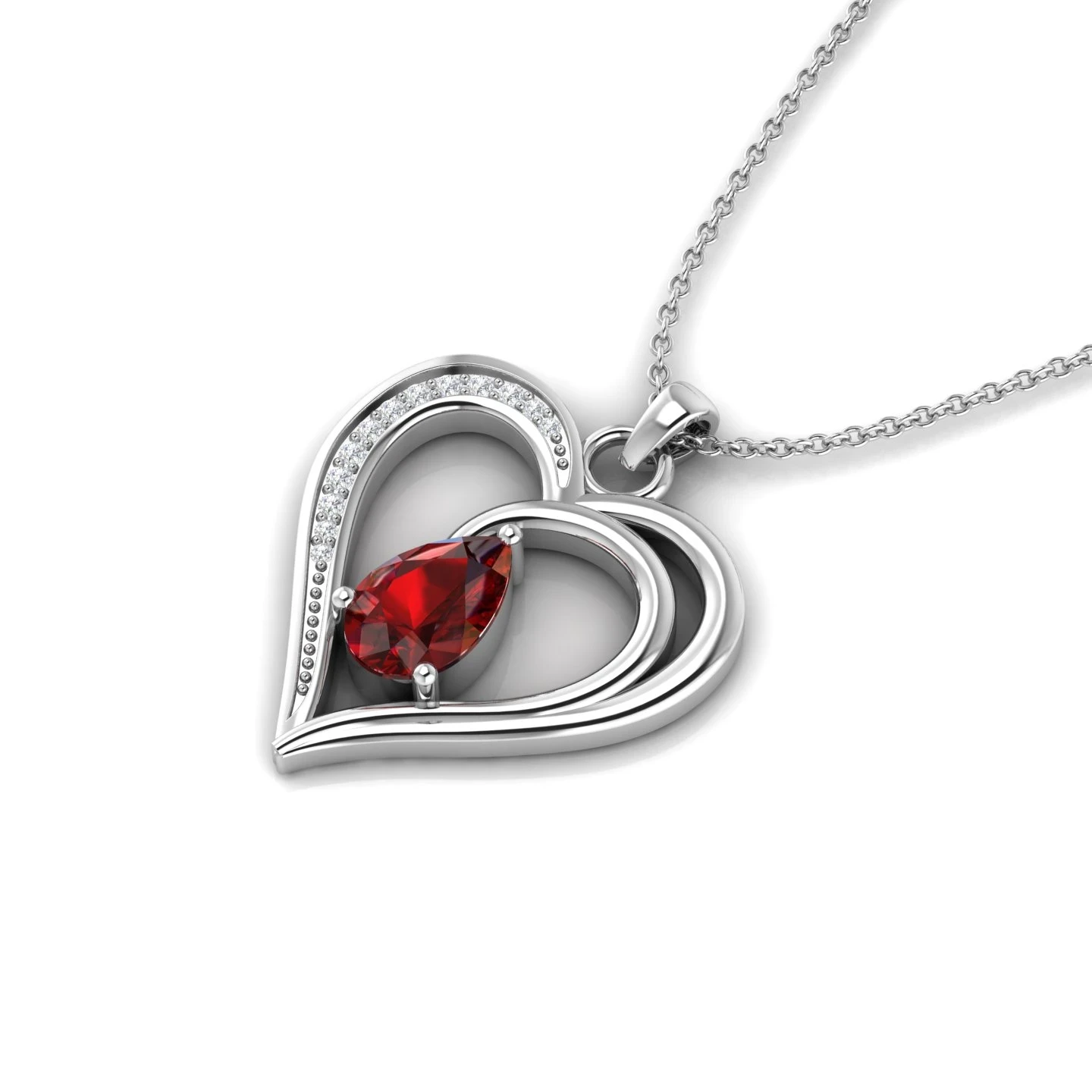 925 sterling silver layered double heart pendant necklace setting a pear-shaped red garnet with diamond accents.