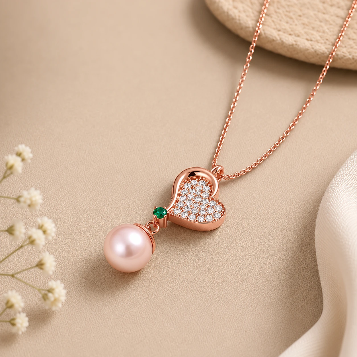 Akoya Pearl And Emerald Rose Gold Plated Heart Pendant