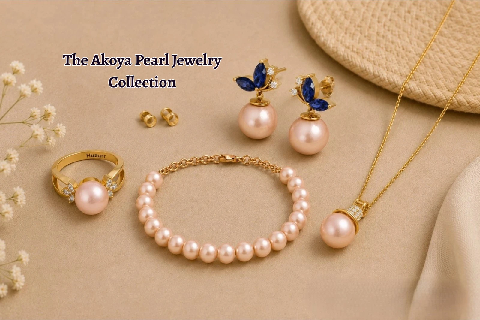 Akoya pearl jewelry set including a gold beaded strand bracelet, pendant necklace, ring, and blue sapphire butterfly accent drop earrings from Huzurr