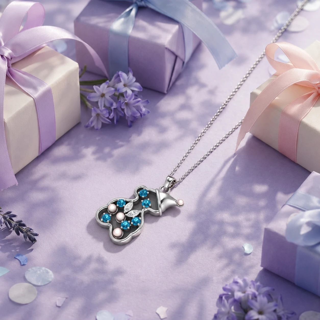 Elegant children’s necklace showcasing a pink Akoya pearl paired with a round London blue topaz gemstone