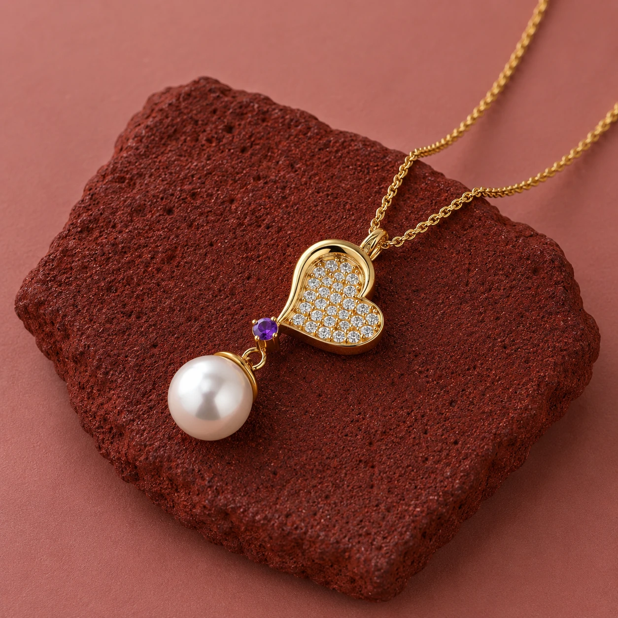 Amethyst and pearl Gold Filled Heart Pendant