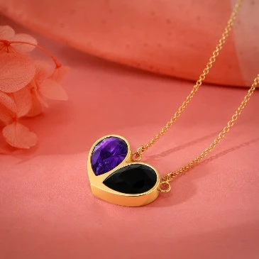 Amethyst And Black Diamond Gold Plated Two Halves, One Heart Pendant