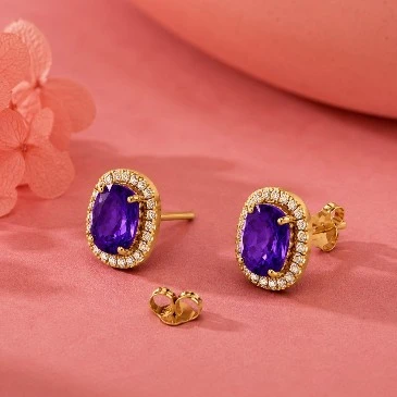 Gold Filled Cushion Amethyst & Diamond Halo Stud Earrings