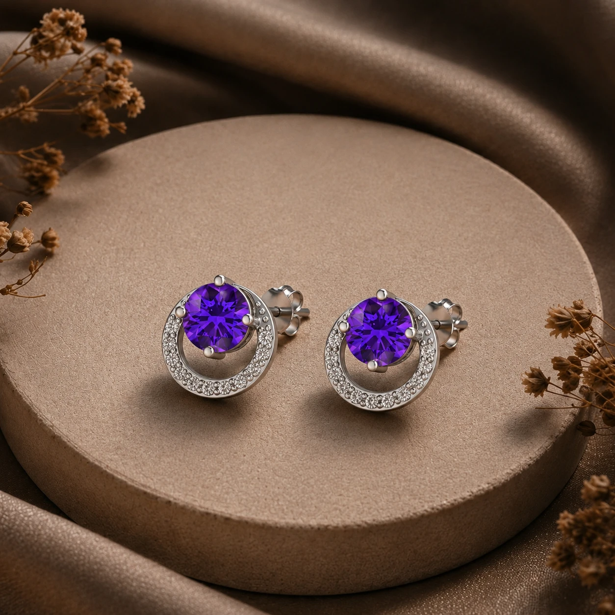 Open circle silver halo stud earrings featuring a round amethyst and accented diamond