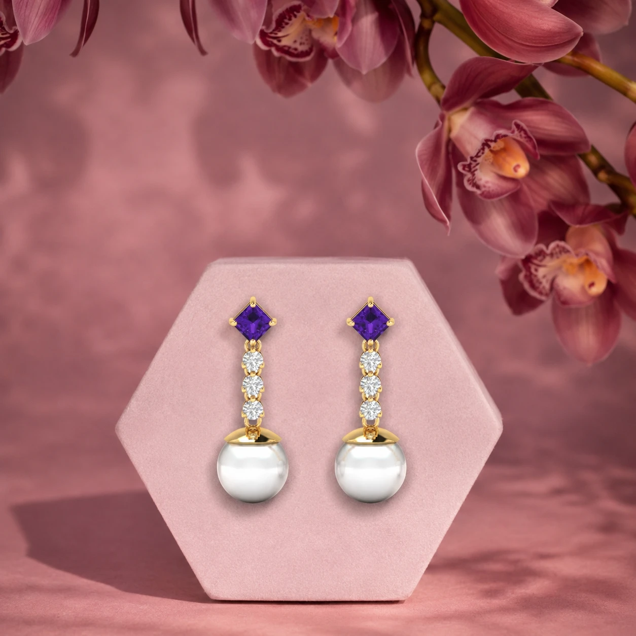 Amethyst & Diamond Pearl Drop Earrings