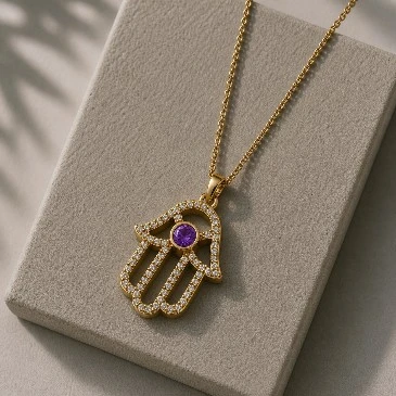 Amethyst Hand Of Hamsa Gold Plated Pendant Necklace