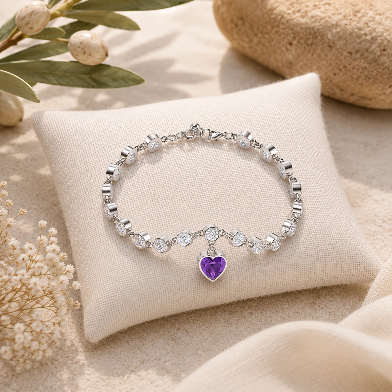 Heart-shaped purple amethyst hangs beautifully from a delicate diamond tennis bracelet made of silver