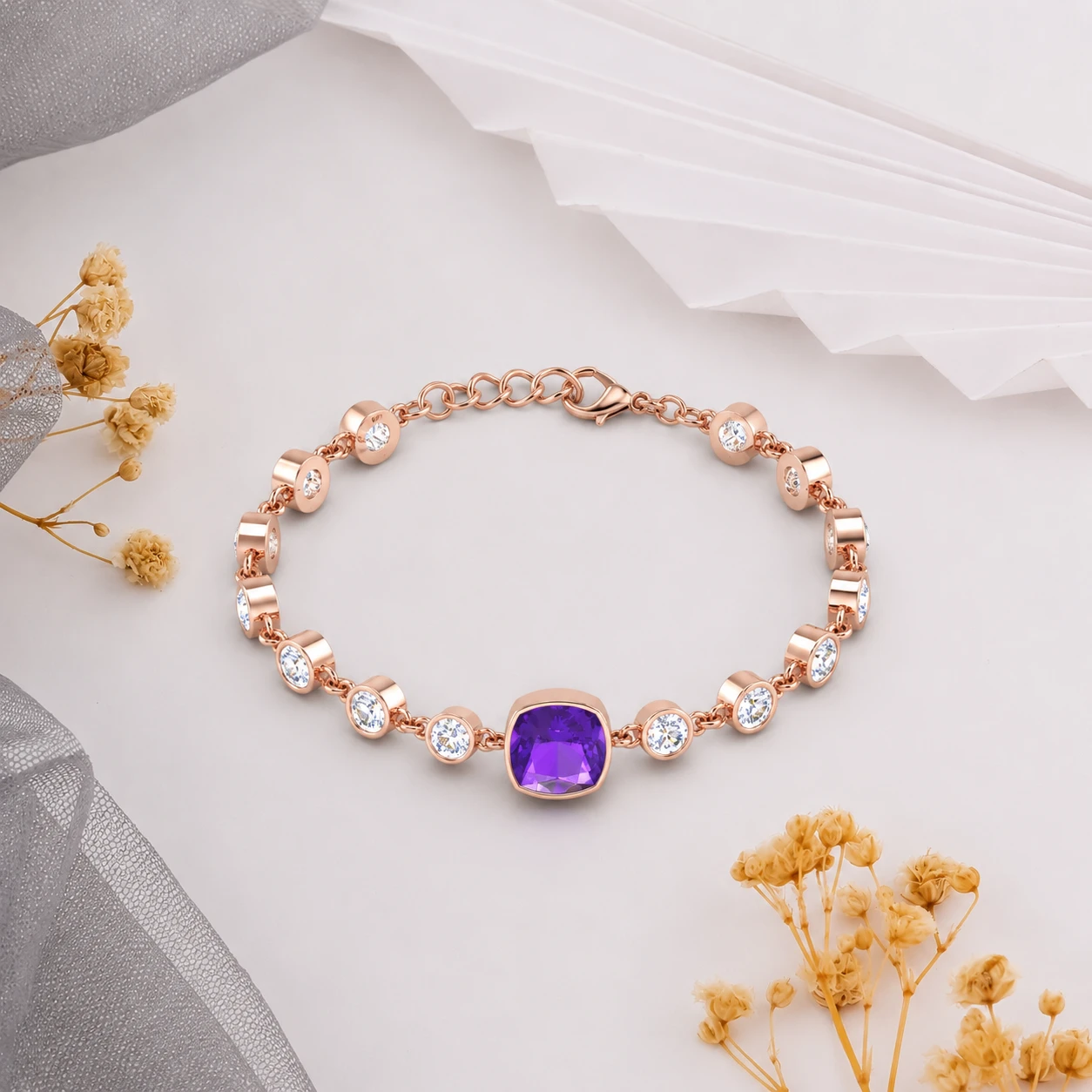 Purple amethyst link chain bracelet with bezel diamonds