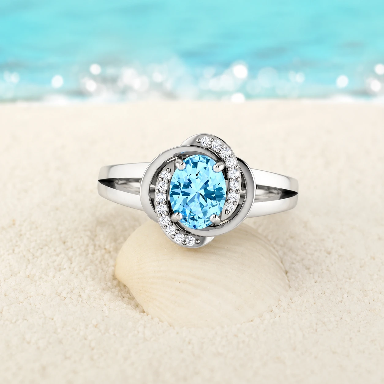 Oval aquamarine ring in 925 sterling silver with a swirl diamond halo in split shank band