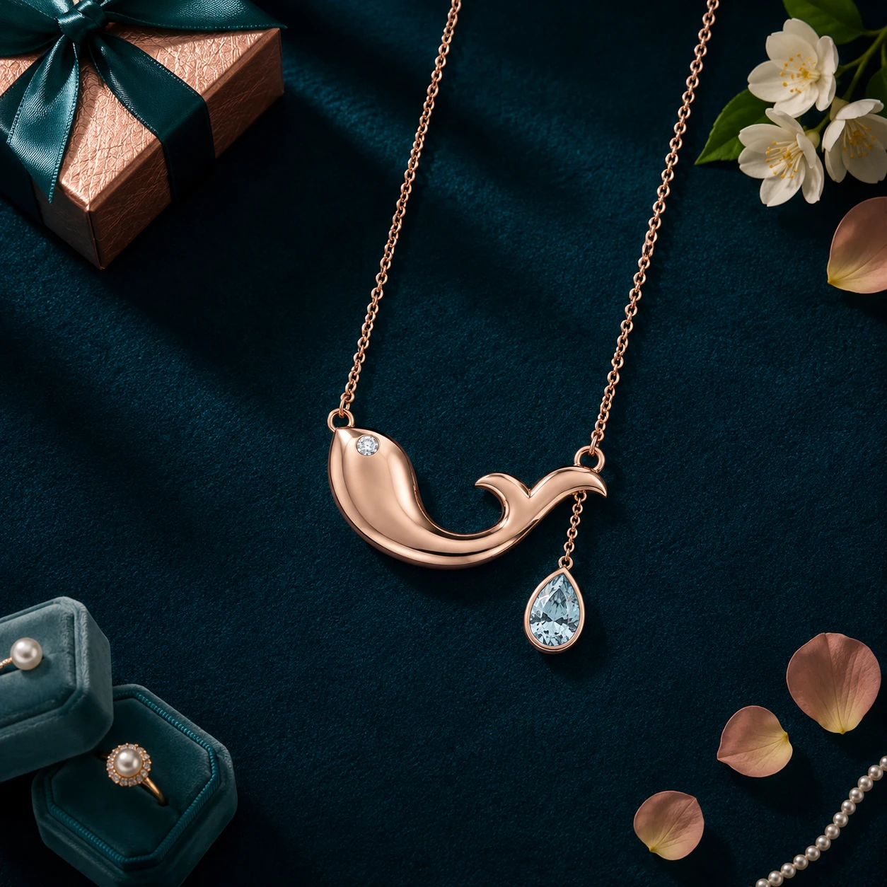 Aquamarine whale tear pendant accented with a soft rose gold plated finish