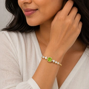 August Birthstone Cushion Peridot & Heart-Cut Diamond Cuff Bracelet