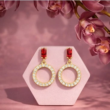 Baguette-Cut Garnet Open Circle Drop Earrings in gold plating