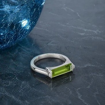 Baguette-Cut Peridot Silver Bar Ring