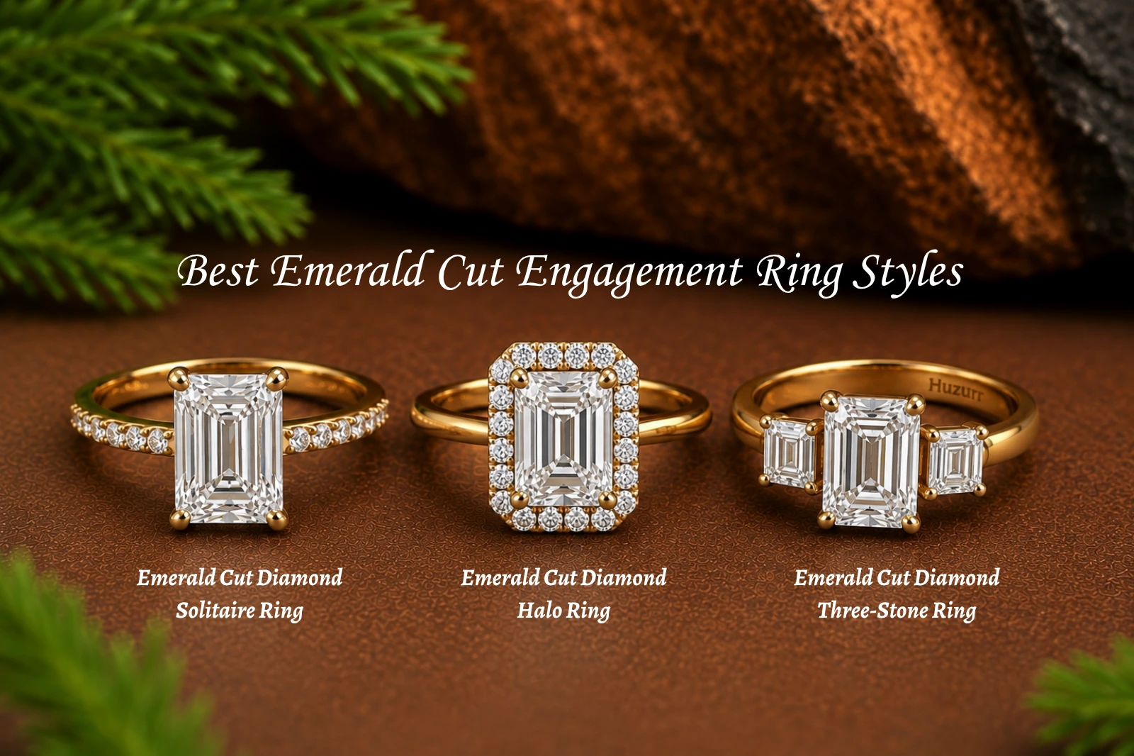 Emerald cut diamond engagement ring styles including solitaire halo and three stone