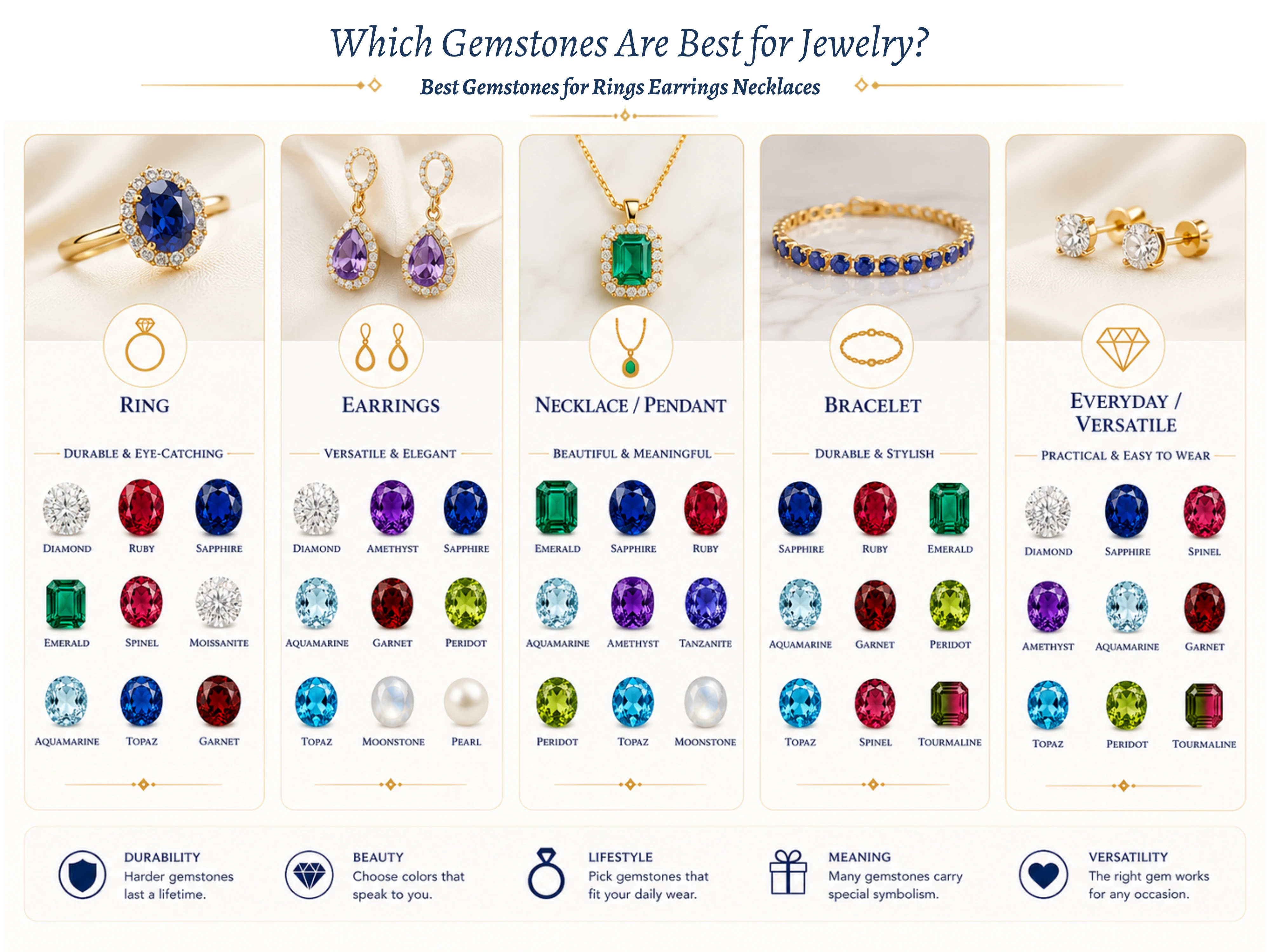 Popular gemstones compared for rings, earrings, necklaces and bracelets