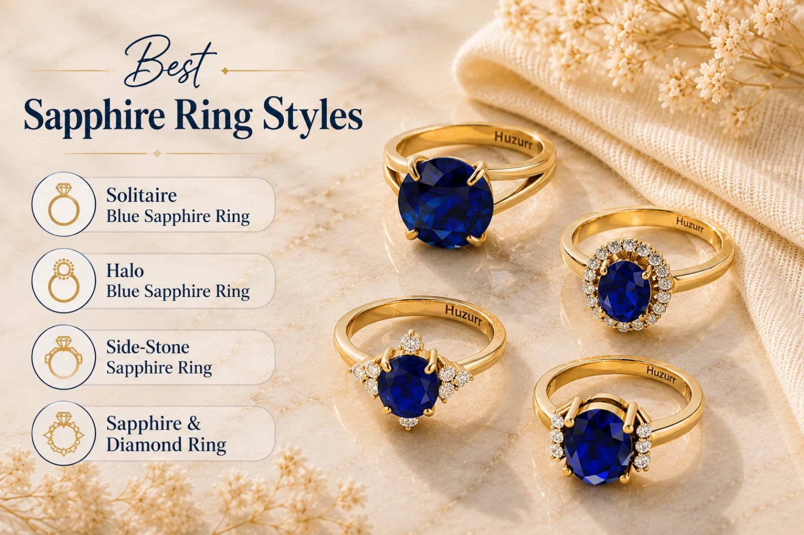 Blue sapphire ring including styles solitaire, side-stone, classic, and diamond rings inspired by Elizabeth Huberdeau's birthstone