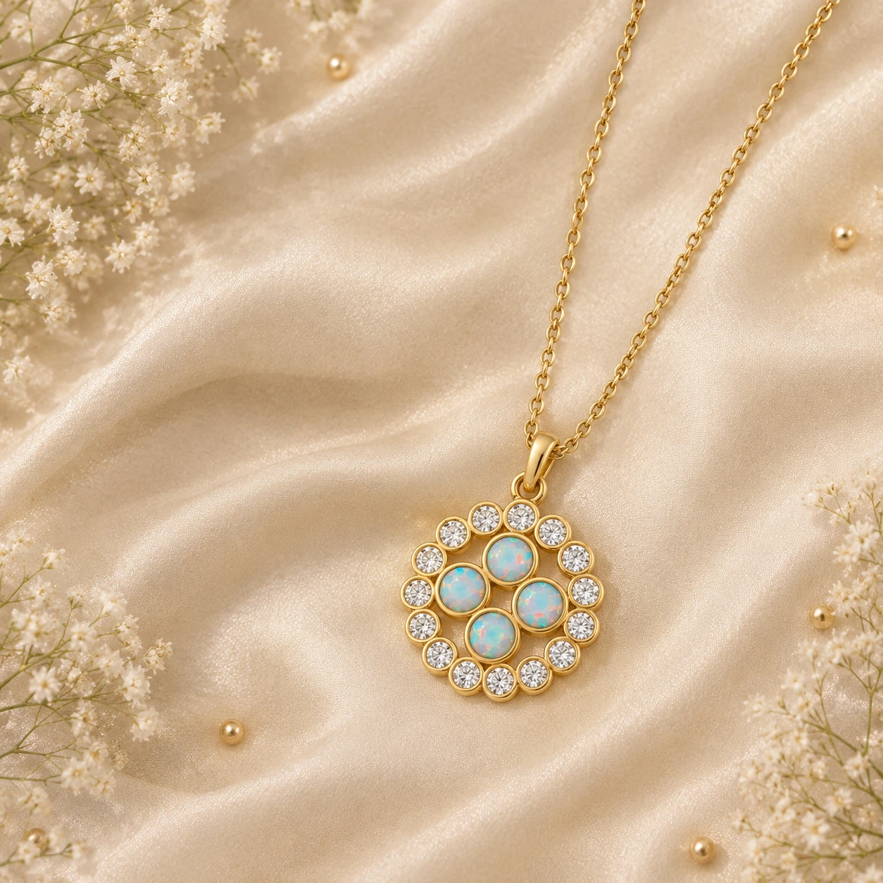 Bezel set round opal and diamond halo pendant necklace with gold plating