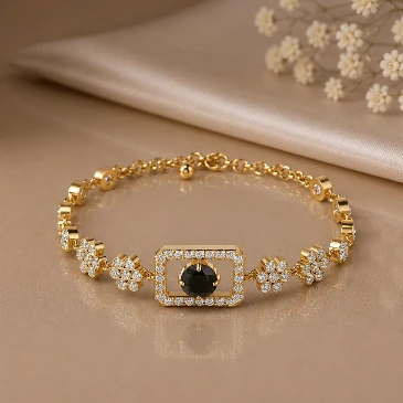 Flower Black Diamond Tennis Gold Plated Chain Bracelet