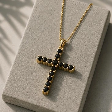 Gold Plated Round Black Diamond Dotted Cross Pendant