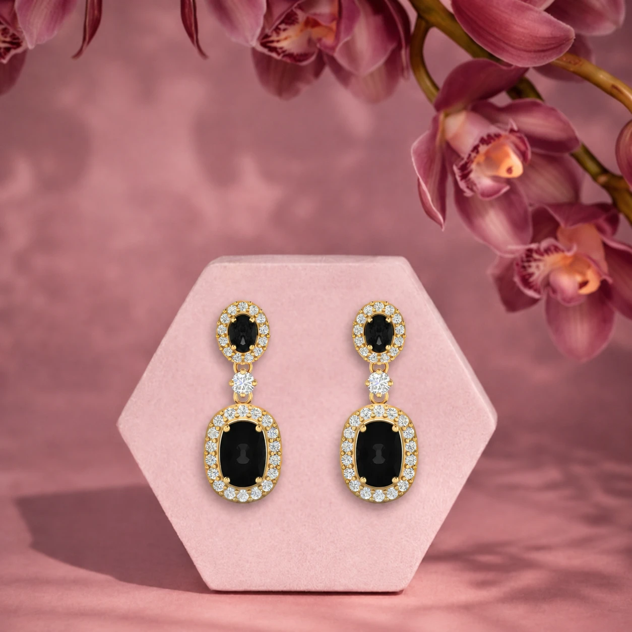 Black Diamond Drop Earrings with Diamond Halo
