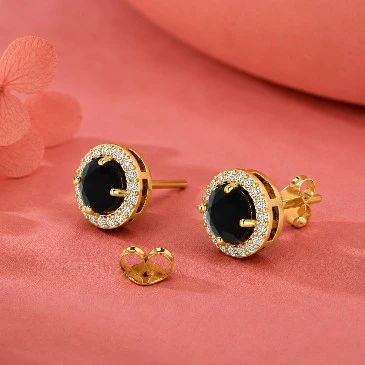 Round Black Diamond Halo Gold Plated Stud Earrings