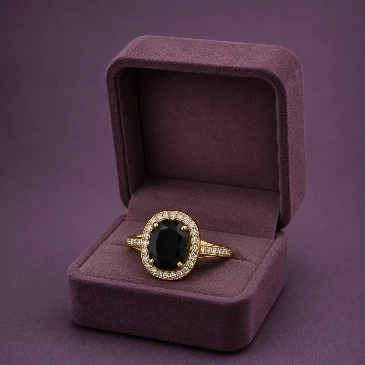 Gold Plated Cushion-Cut Black Diamond Eternity Halo Ring