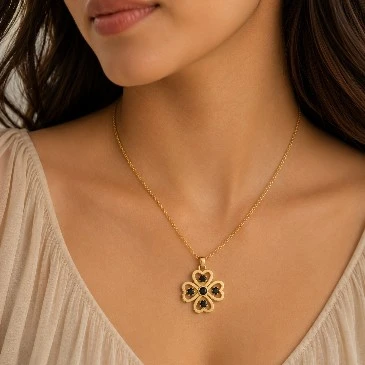 Black Diamond Heart Lucky Clover Gold Plated Pendant