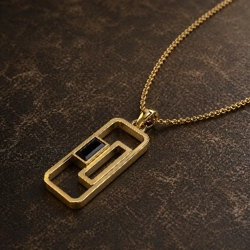 Baguette-Cut Black Diamond Gold Plated Rectangle Pendant
