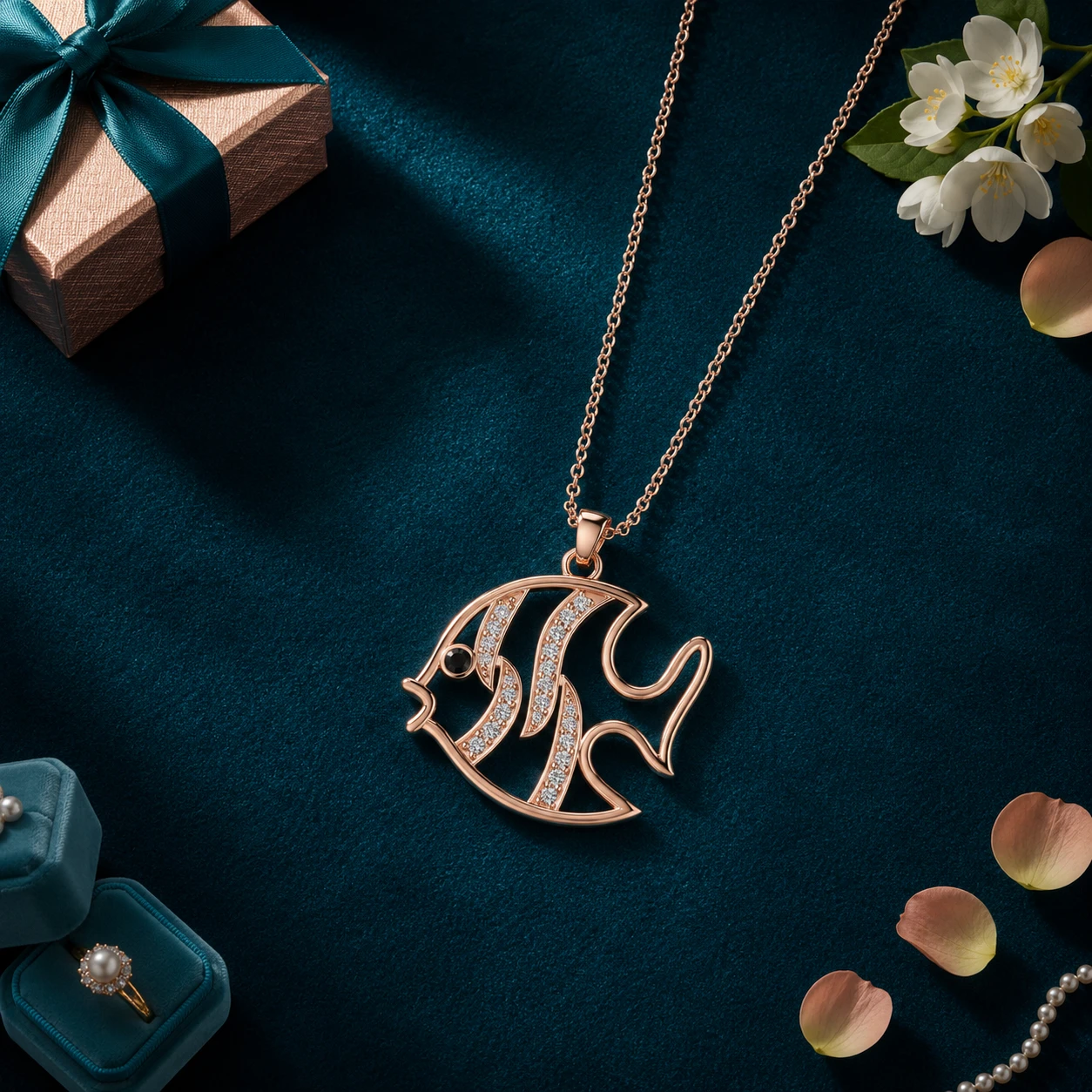 Black diamond fish pendant with a graceful rose gold plated design