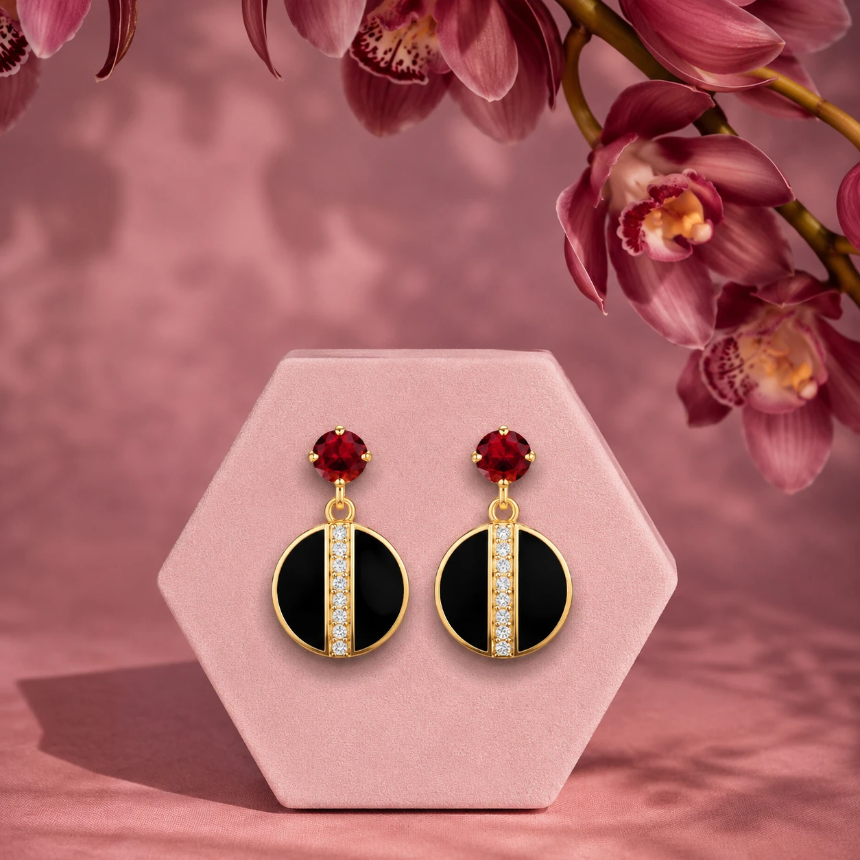Black Enamel Drops Round Garnet Earrings