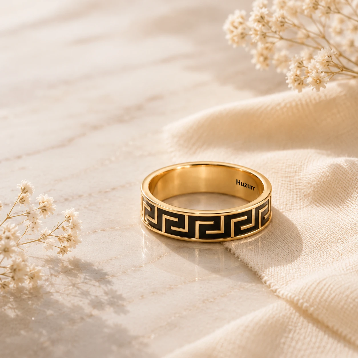 Gold Filled Black Enamel Maze-Design Band Ring