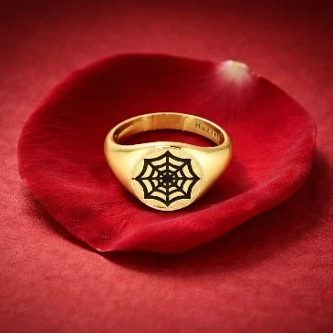 Black Enamel Spider Net Engraved Classic Signet Ring