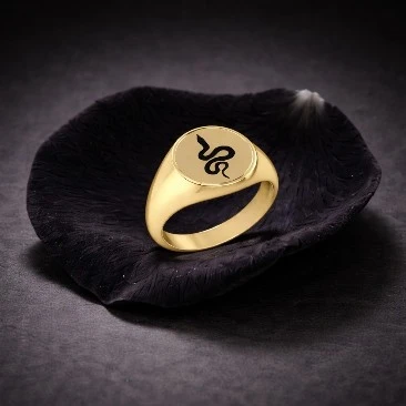 Black Enamel Spiral Snake Engraved Classic Signet Ring  