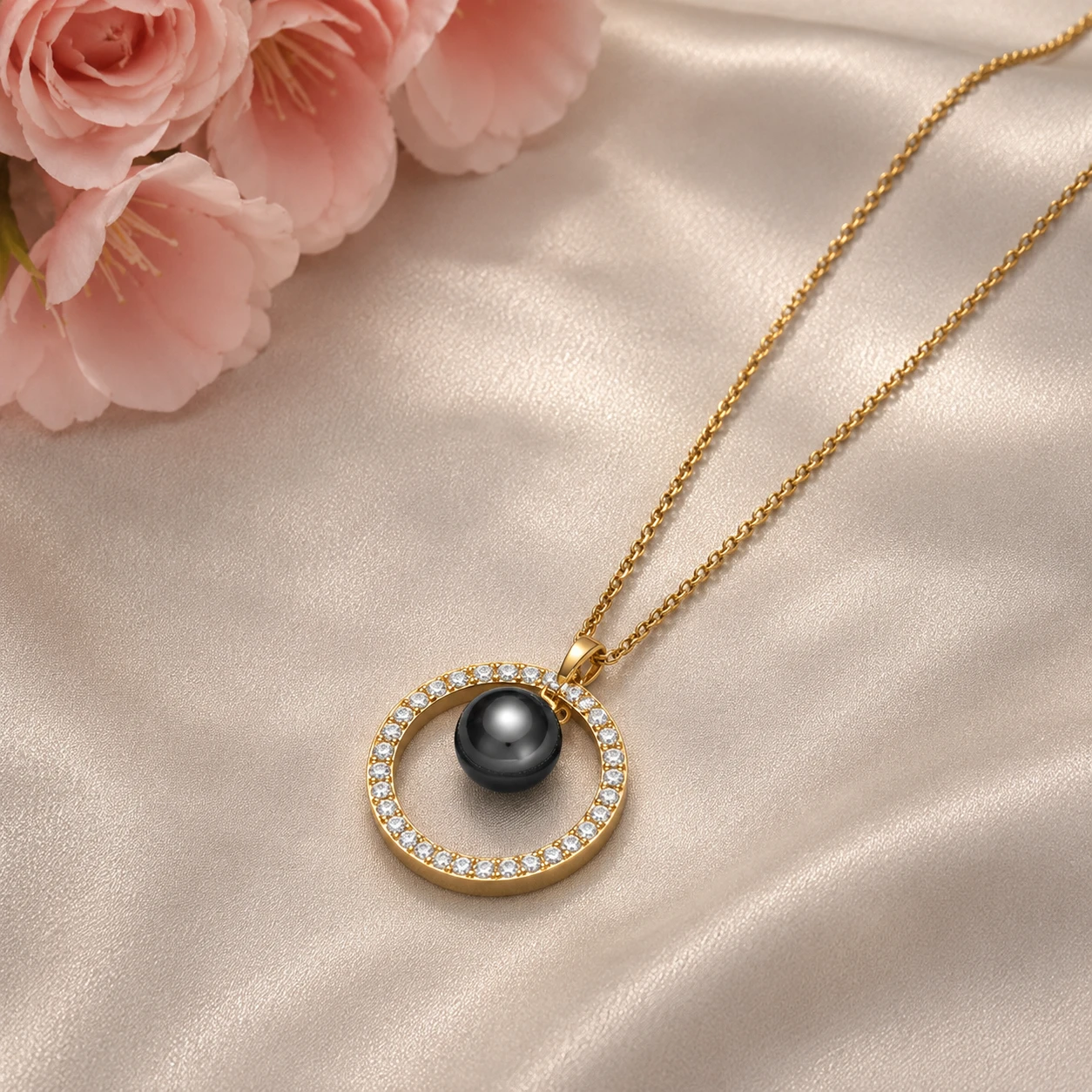 Black Pearl And Diamond Circle Pendant