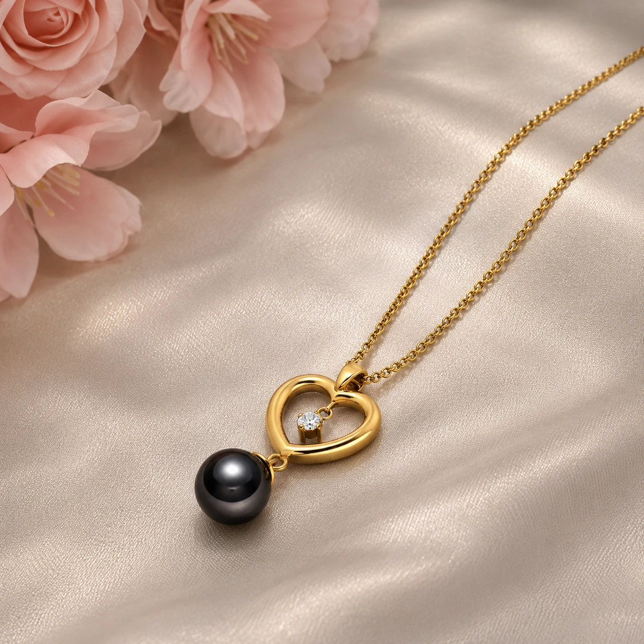 Black Pearl And Diamond Heart Pendant
