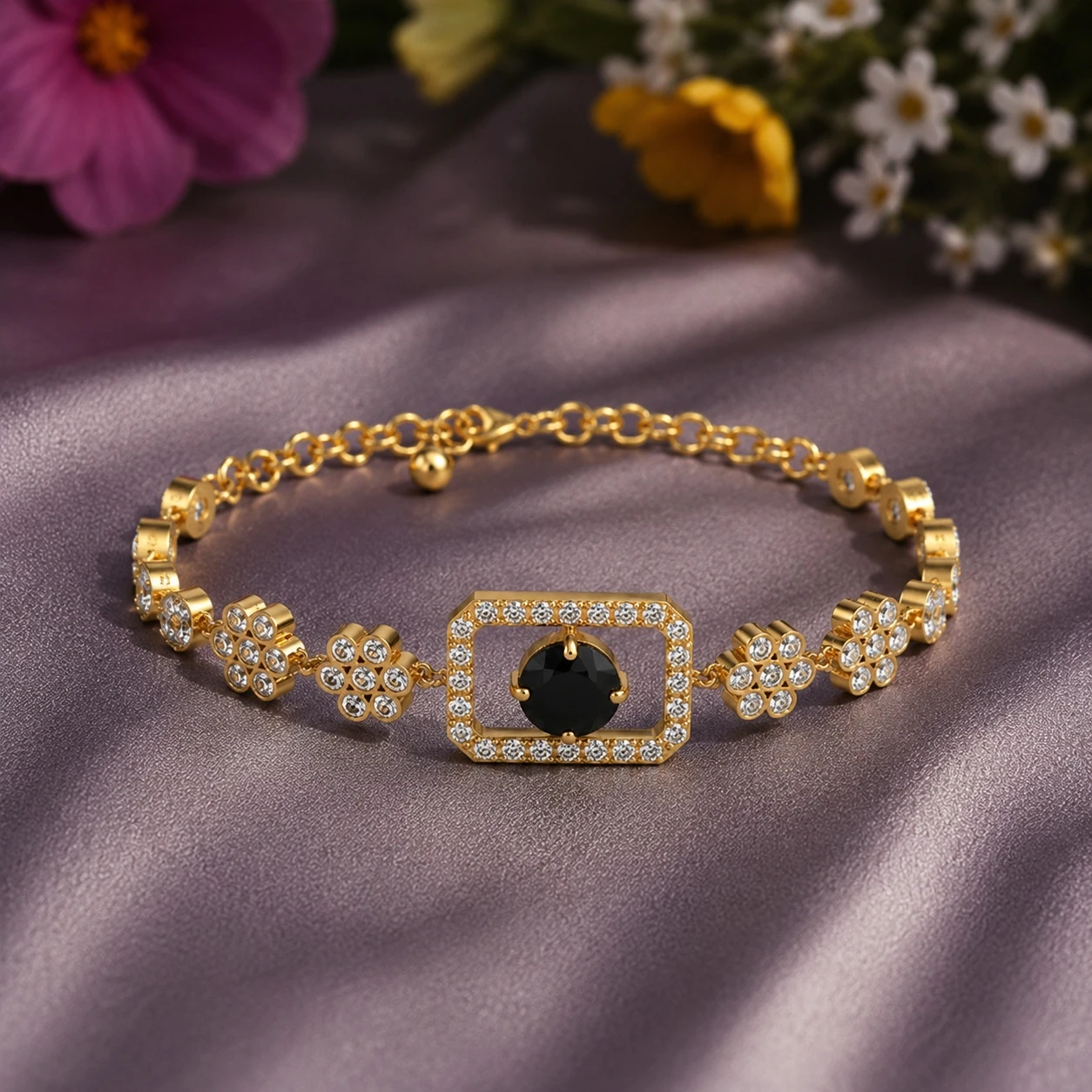 Flower Black Diamond Tennis Gold Filled Chain Bracelet