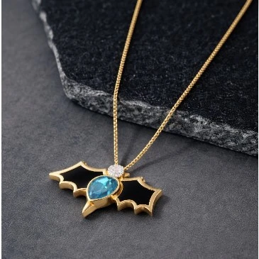 Pear Blue Diamond Black Enamel Bat Necklace For Men
