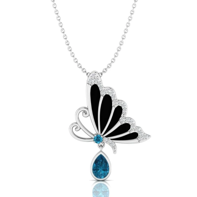 Butterfly sterling silver pendant with black enamel wing details, diamond accents, and a blue diamond teardrop drop charm.