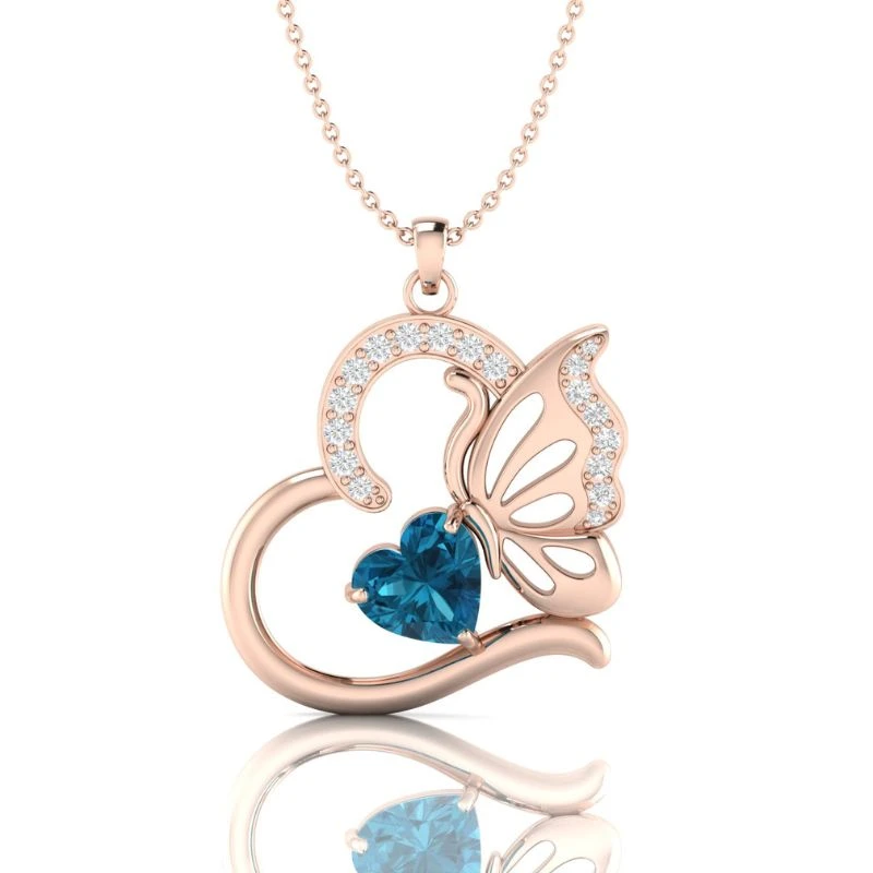 Rose gold plated butterfly heart pendant necklace featuring a heart-cut blue diamond and white diamond accents