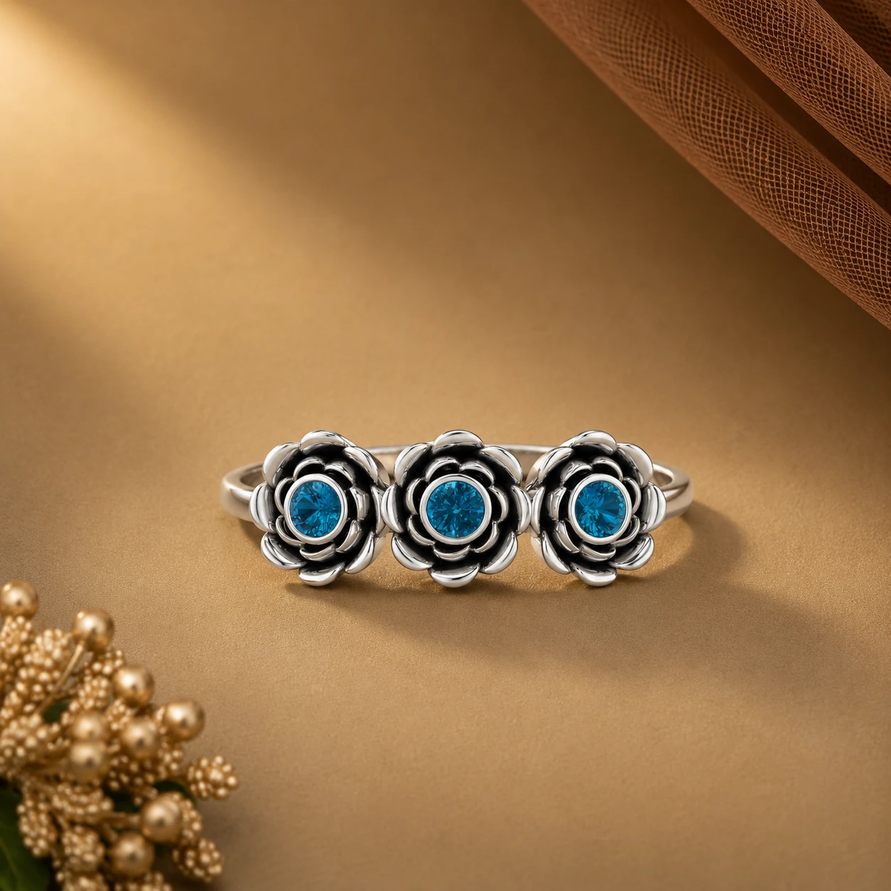 rose floral sterling silver ring designed with delicate rose petals using sparkling blue diamond accents